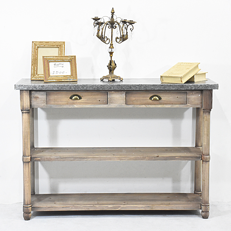Vintage Industrail Rustic Wooden Console Table with Zinc Top 