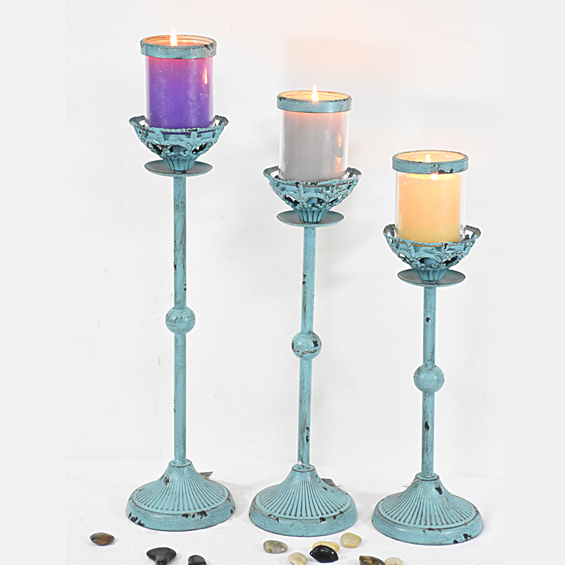 Shabby Chic Vintage Aegean Blue Painted Metal Candle Holader Set