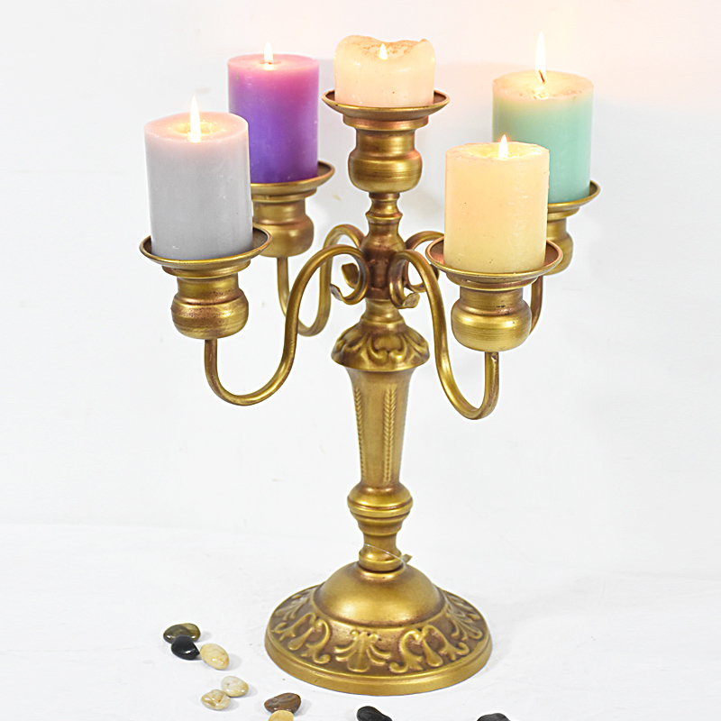Vintage Golden Metal Iron Candle Holder 5 Arms Candelabra
