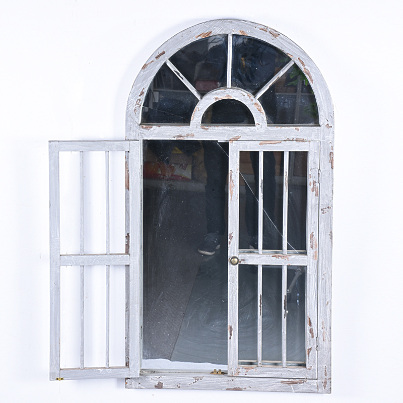 Vintage Ash Gray Wall Hand Painted Arched Wood Window Mirror