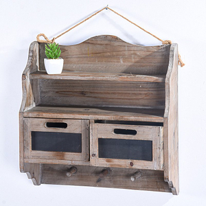 Rustic Farmhouse Vintage Wall Storage Cabinet with Two Drawers & 3 Hooks