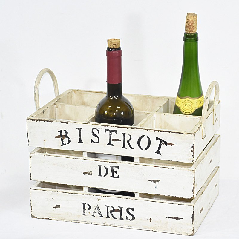 Vintage Shabby Chic White Wood Crate 6 Bottles Wine Holder