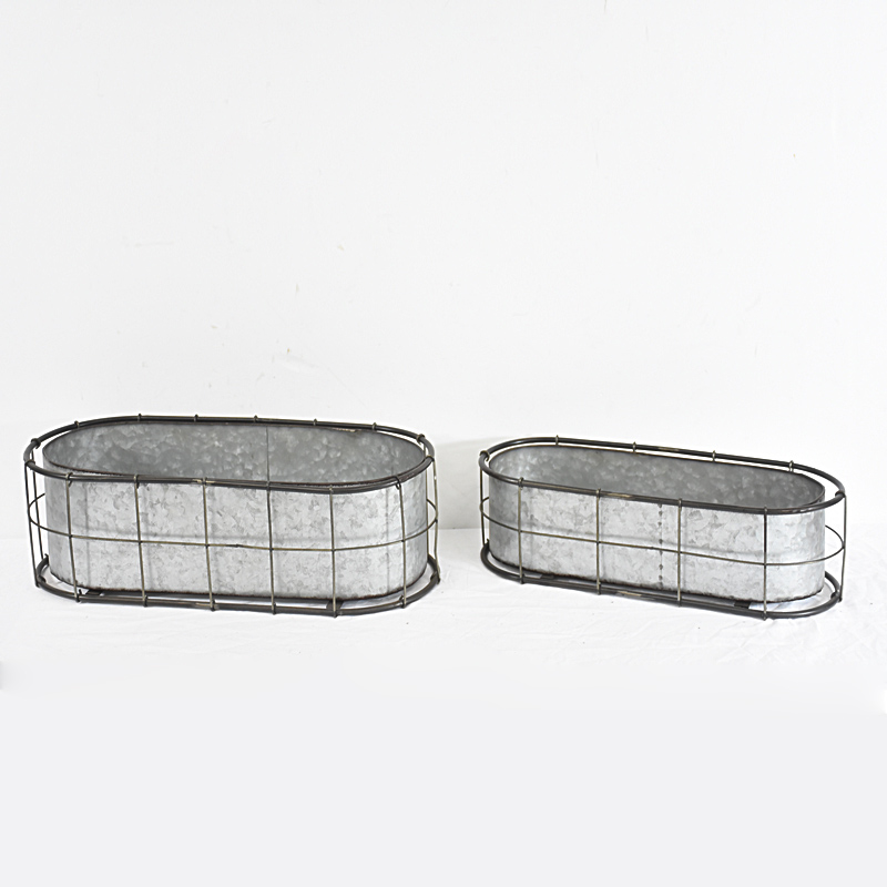 Industratl Oval Metal Planters with Wire Mesh Basket And Zinc Pot inside