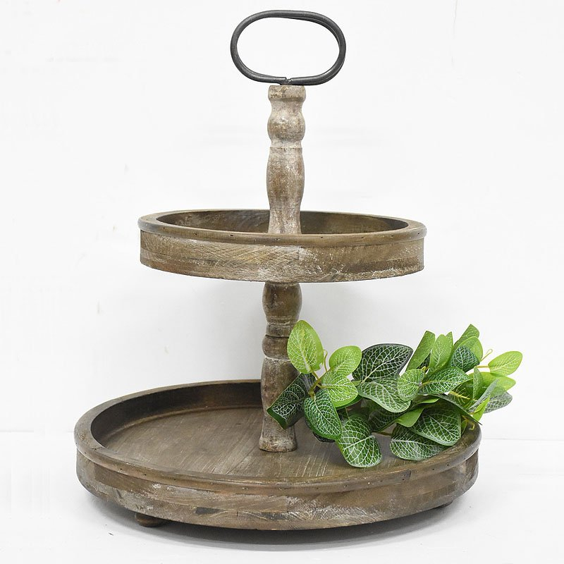 Vintage 2 Tired Rustic Farmhouse Distressed Round Wooden Storage Trays