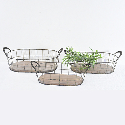 wholesale vintage Handy Oval Shaped wood and metal Wire Basket