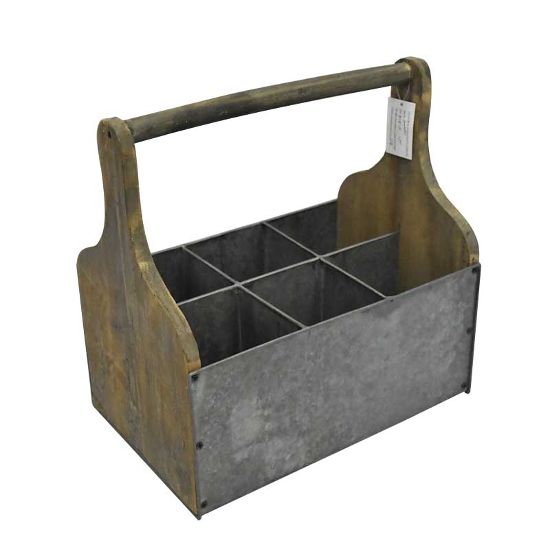 Farmhouse Industrial Wooden Metal Tin 6 Pack Bottle Wine Caddy