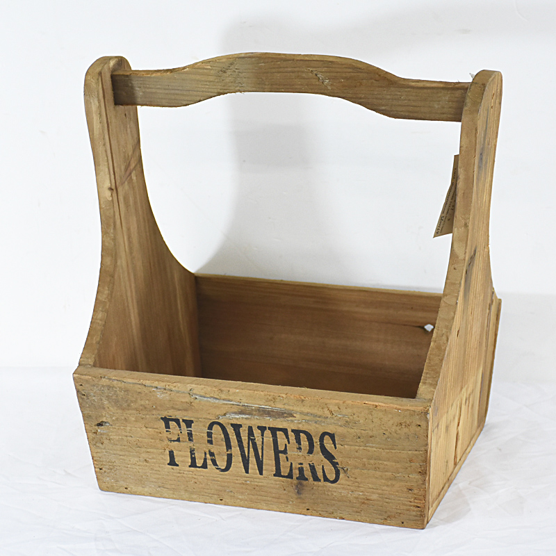 Set 2 "FLOWERS" Nature Finish vintage Wood Storage Basket