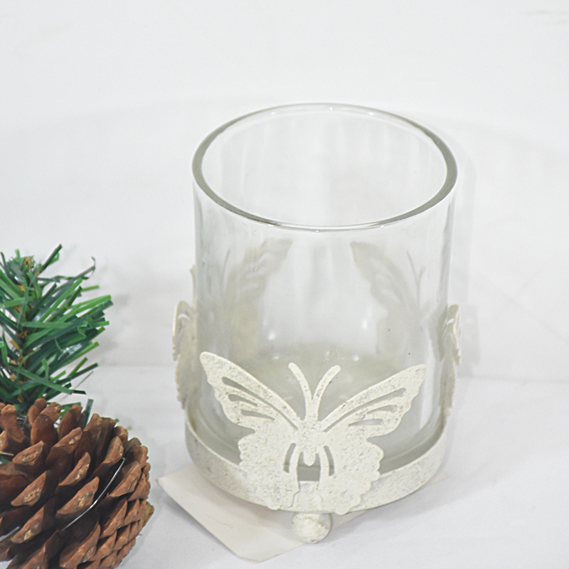 Antique White Metal Glass Tea Light Holders with Butterfly