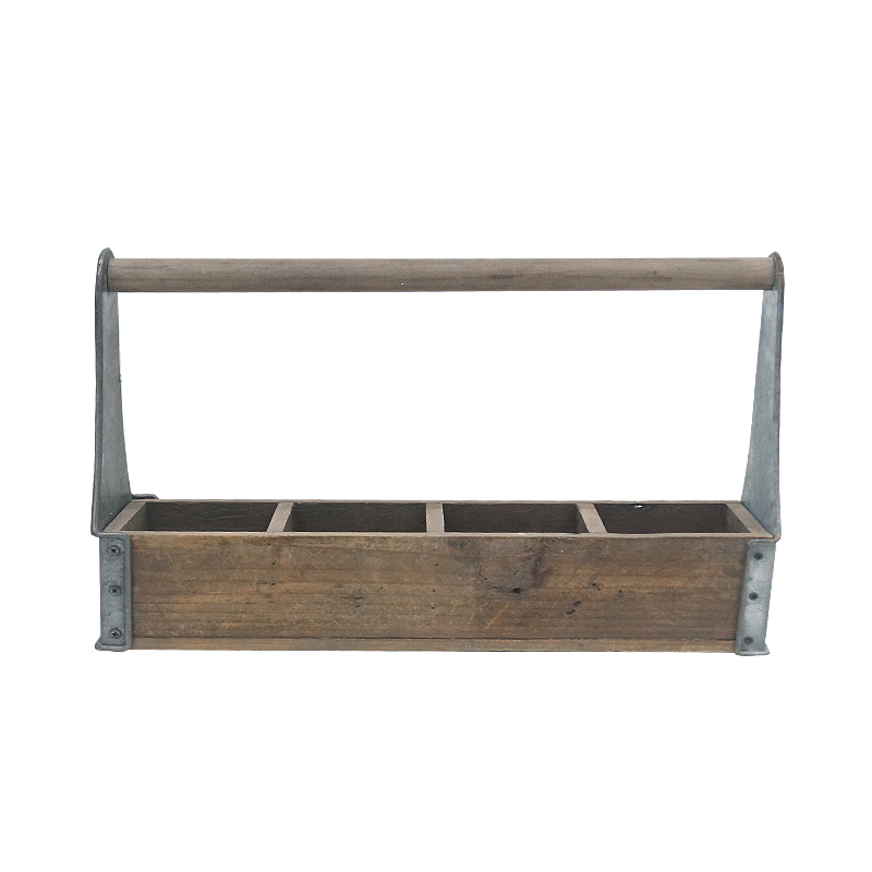 Farmhouse Style Four Compartments Wooden Tool Caddy with Zinc Side