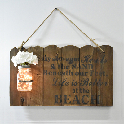 Rustic Reclaimed Barn Wood Plaque Wall Hanging With A Lighted Glass Jar 