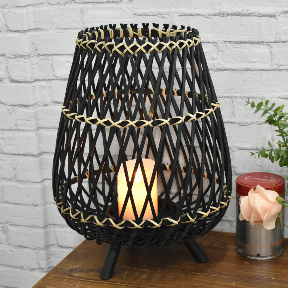 Luckywind Rustic Linterna Accessory Bamboo Black Reestanding Candle Lantern Holder Light Lantern