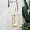Beach House Decor Whitewashed Round Hanging Wood Candle Lantern with Rope Handle And Removable Glass Cylinder Hurricane 